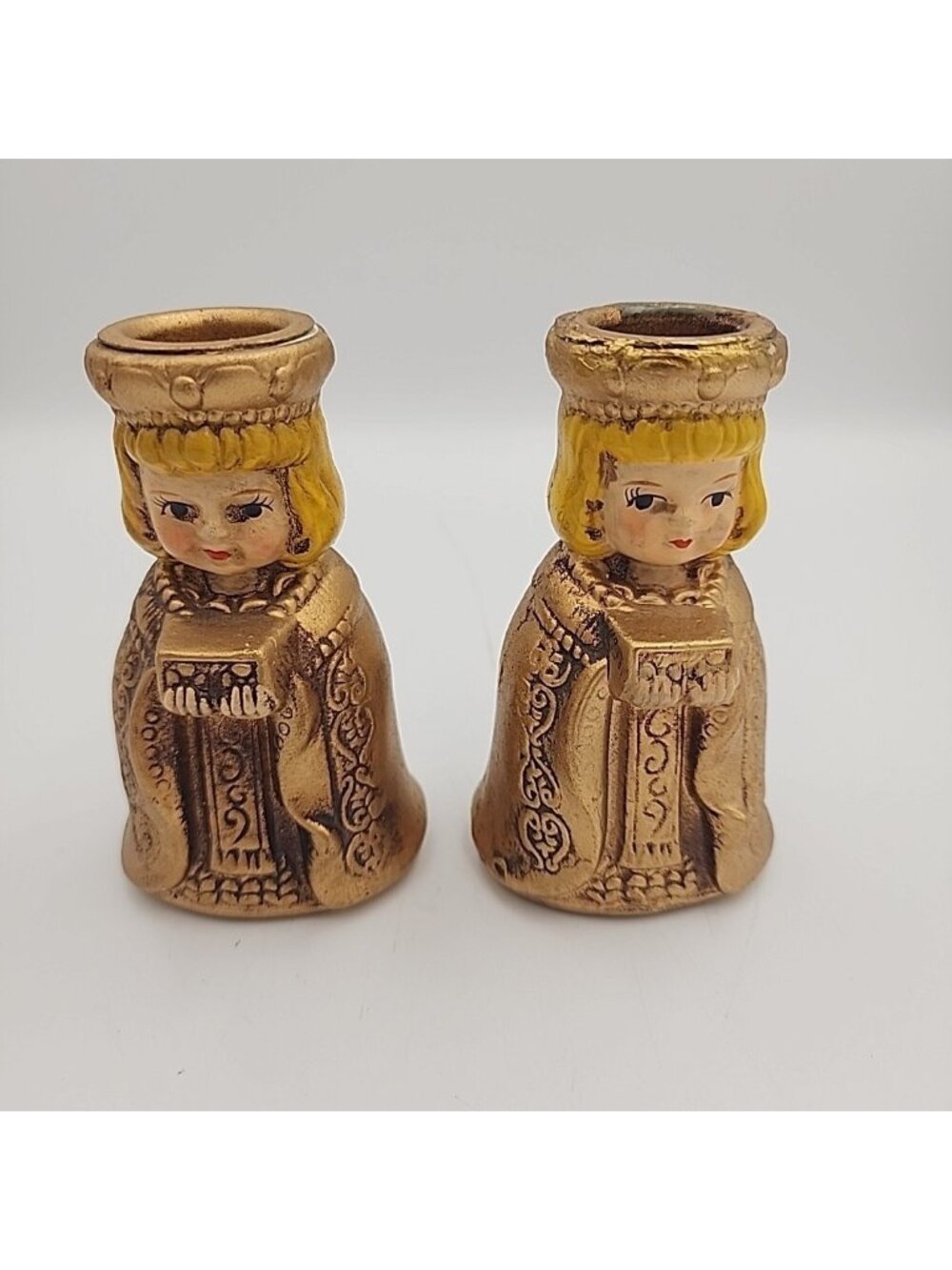 Vintage Gold Japan Christmas Nativity Ceramic Candlestick Holder 4" In Set Of 2